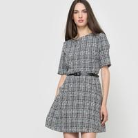 Short-Sleeved Tweed Dress with Belt