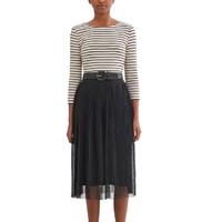 Short-Sleeved Dress with Striped Top and Pleated Skirt
