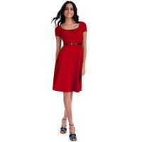 Short Sleeved Midi Skirt Dress with Belt - Red