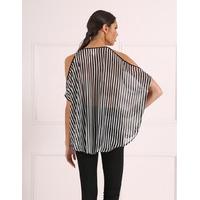 SHEEVA - Black and White Striped Wrap Blouse with Cold Shoulder Detail