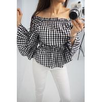 Shawna Black Gingham printed flared sleeve top