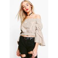 Shirred Button Bardot Top - stone