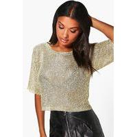 short sleeve metallic knit top gold