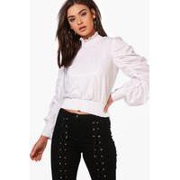 Shirred High Neck Woven Blouse - white