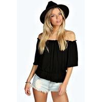 shirred off the shoulder 12 sleeve top black