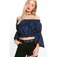 Shirred Button Bardot Top - navy