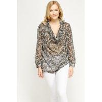 Sheer Cowl Neck Printed Blouse