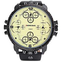 SHI WEI BAO Men\'s Sport Watch Military Watch Calendar Three Time Zones Quartz Leather Band Cool Luxury Black