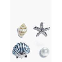 Shell & Starfish Mermaid Mixed 4 Earring Set - silver
