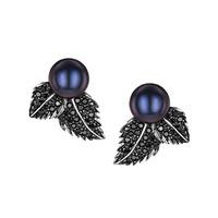 Shaun Leane Earrings Silver and Black Spinel Double Leaf Studs with Single Pearl