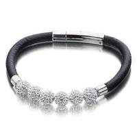 Shimla 6x White Crystal Beads Black Leather Bracelet SH143