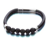 Shimla 6x Black Crystal Beads Black Leather Bracelet SH144