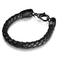 Shimla Black Stainless Steel Unisex Black Leather Plaited Bracelet SH266