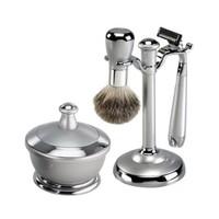 Silver Metal Finish Shaving Set With Mirror Shaving Bowl