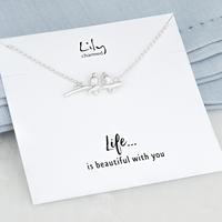Silver Birds on a Branch Necklace with \'Life is Beautiful\' Message (Black & White)