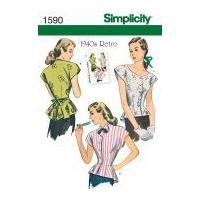 Simplicity Ladies Sewing Pattern 1590 Vintage Style 1940's Blouse Tops