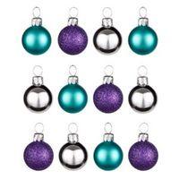 Silver Teal & Purple Assorted Baubles Pack of 12