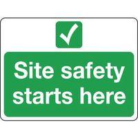 SIGN SITE SAFETY STARTS HERE 400 X 300 ALUMINIUM