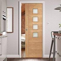 single pocket palermo oak door with obscure safe glass prefinished