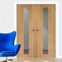 Simpli Double Door Set, Forli Oak Flush Door - Inlay & Clear Safe Glass - Prefinished