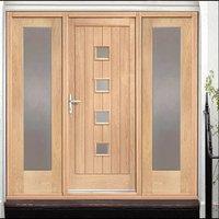 Siena Exterior Oak Door and Frame Set with Two Side Screens and Obscure Double Glazing