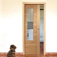 Single Pocket Portici Oak Flush Door, Aluminium Inlay & Clear Glass, Prefinished