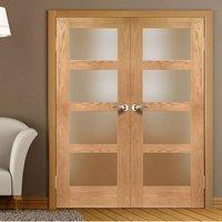 Simpli Double Door Set, Shaker Oak 4 Pane Door - Obscure Safe Glass - Prefinished