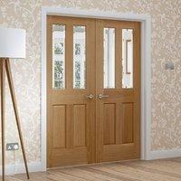 Simpli Double Door Set, Malton Oak Door - No Raised Mouldings - Bevelled Clear Glass - Prefinished