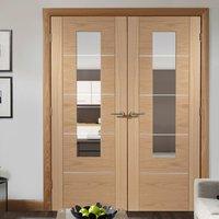 Simpli Double Door Set, Portici Oak Flush Door - Aluminium Inlay - Clear Safe Glass - Prefinished