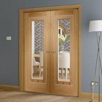 Simpli Double Door Set, Varese Oak Flush Door with Clear Safe Glass - Aluminium Inlay - Prefinished