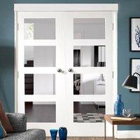 Simpli Double Door Set, Shaker 4 Pane Door - Clear Safe Glass - Primed