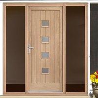 Siena Exterior Oak Door with Obscure Double Glazing and Frame Set with Two Unglazed Side Screens