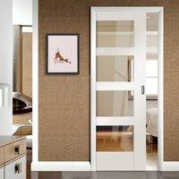 Single Pocket Shaker 4 Pane Primed Door with Clear Safe Glass