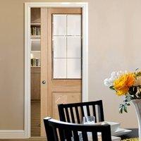 Single Pocket Valencia Oak Door with Lacquer Finishing and Frosted Safety Glass with Clear Bevel Edges
