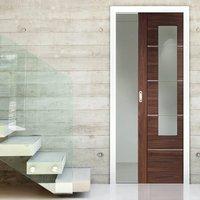 Single Pocket Portici Walnut Flush Door, Aluminium Inlay & Clear Glass, Prefinished