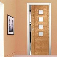 Single Pocket Palermo Oak Door with 4 Panes of Obscure Safe Glass