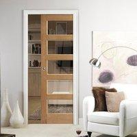 Single Pocket Contemporary 5 Pane Oak Veneered Door with Clear Safety Glass, Prefinished