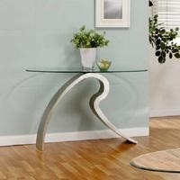 Signature Glass Console Table In Clear With Satin Plated Base