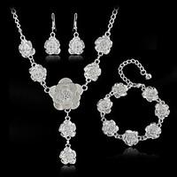 Silver Plated Rose Flower Jewelry Set Necklace Earrings Bracelet Set