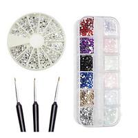 Silver Gems Crystals Gemstones Mixed Colors in Case And Fine Detail Wooden Nailart Brushes