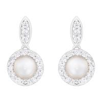 Silver freshwater cultured pearl and cubic zirconia cluster drop earrings