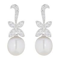 Silver cubic zirconia and freshwater cultured pearl flower drop earrings