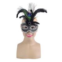 Silver & Black Eye Mask With Tall Feather