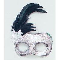 Silver Beaded Eye Mask With Side Feather