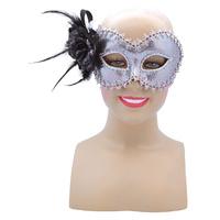 silver eye mask with prink trim black rose