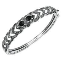 Silver Whitby Jet Marcasite Two Stone Pear Bangle