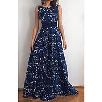 simple swing dress print round neck maxi sleeveless blue polyester sum ...