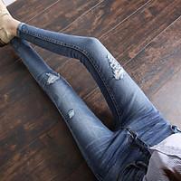 Sign 2017 spring new female feet high waist knee hole jeans pants large size pantyhose