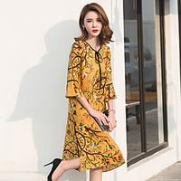 Sign 2017 summer new Chinese folk retro print large size loose thin silk dress