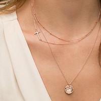 Sideways Cross Necklace Women\'s Simple Cross Zircon Pendant Three Layers Chain Necklace